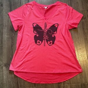 LuLaRoe Pink V-Neck Butterfly Faith Tee